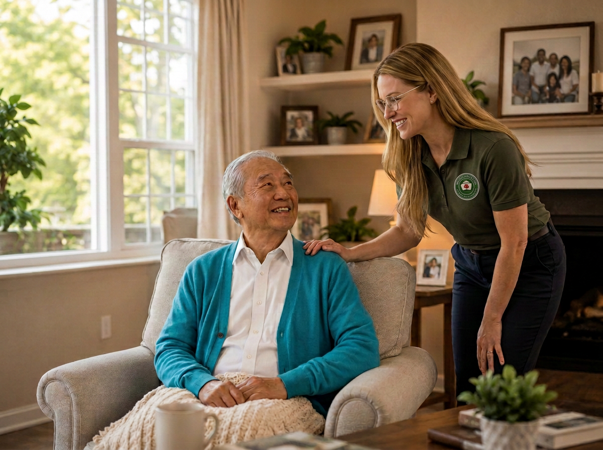 Caregiver looking through a photo album with a senior woman at home