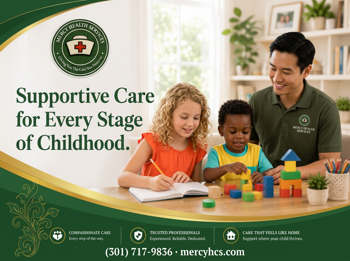 Caregiver supporting two children during play and study time at home