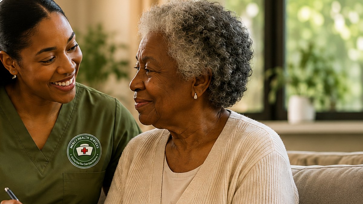 Caregiver writing a personalized care plan while talking with a senior woman