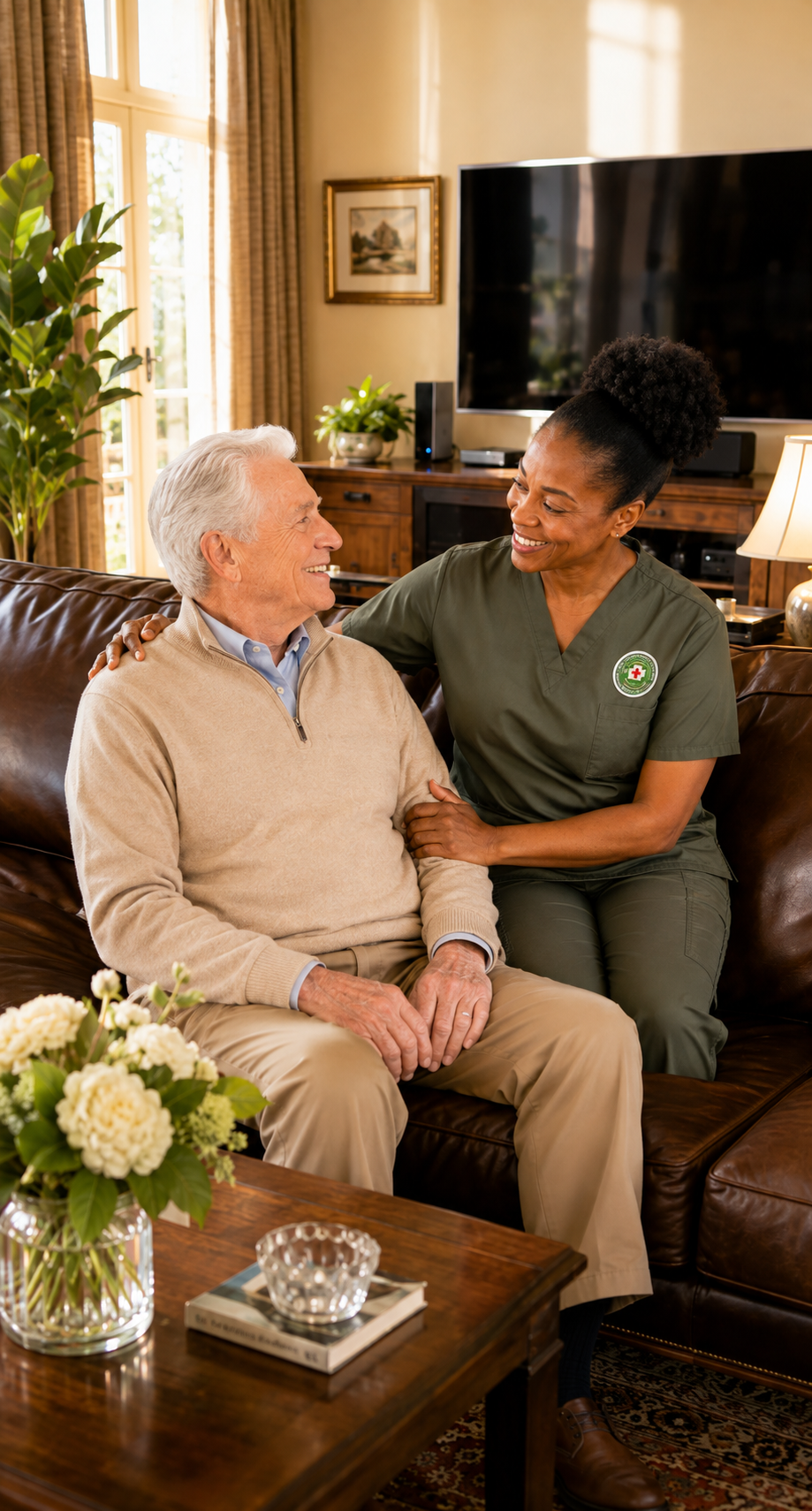 Caregiver comforting a senior woman at home