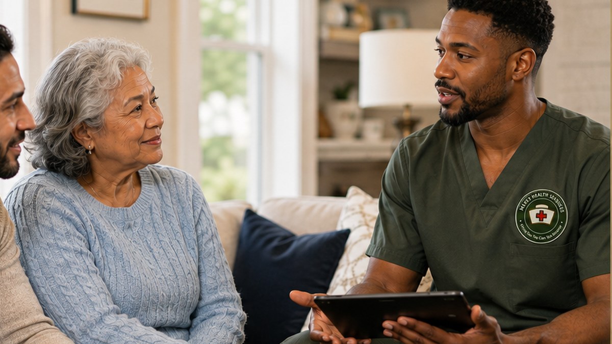 Mercy Health Services caregiver speaking with a senior couple at home in Maryland