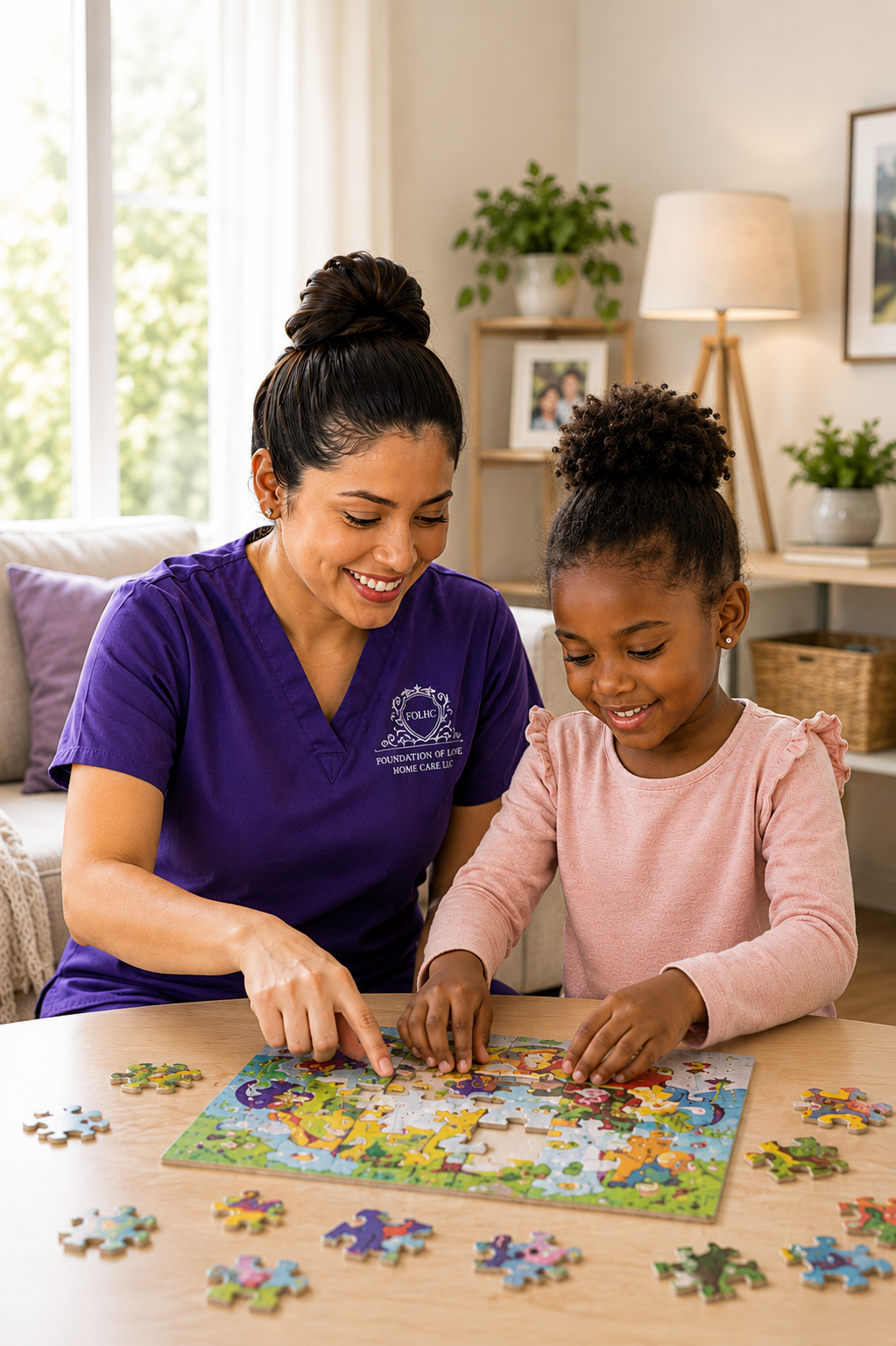 Mercy Health Services caregiver doing a puzzle with a young child at home
