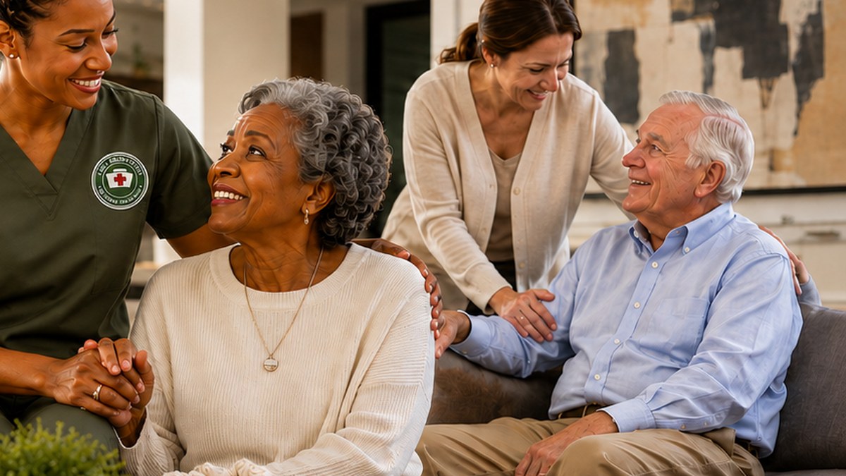 Caregiver with a multi-generational Maryland family in a living room