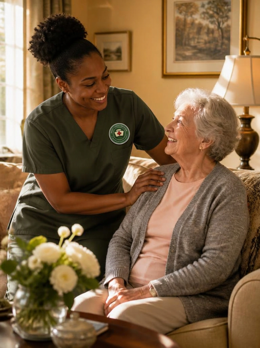 Caregiver comforting a senior woman at home