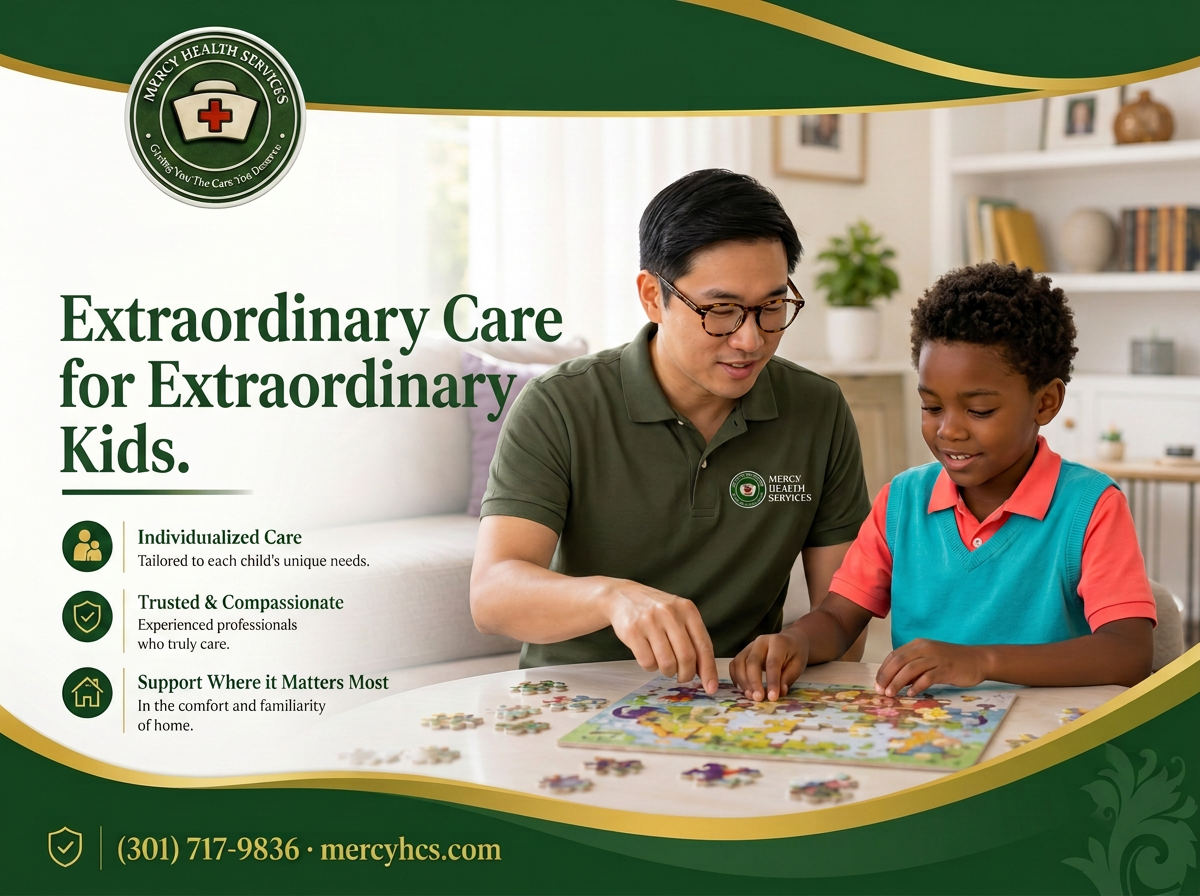Mercy Health Services caregiver helping a young girl with a puzzle at home
