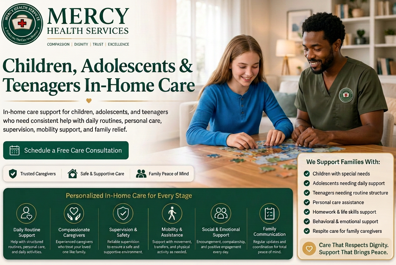 Mercy Health Services caregiver with an adolescent and his mother at home