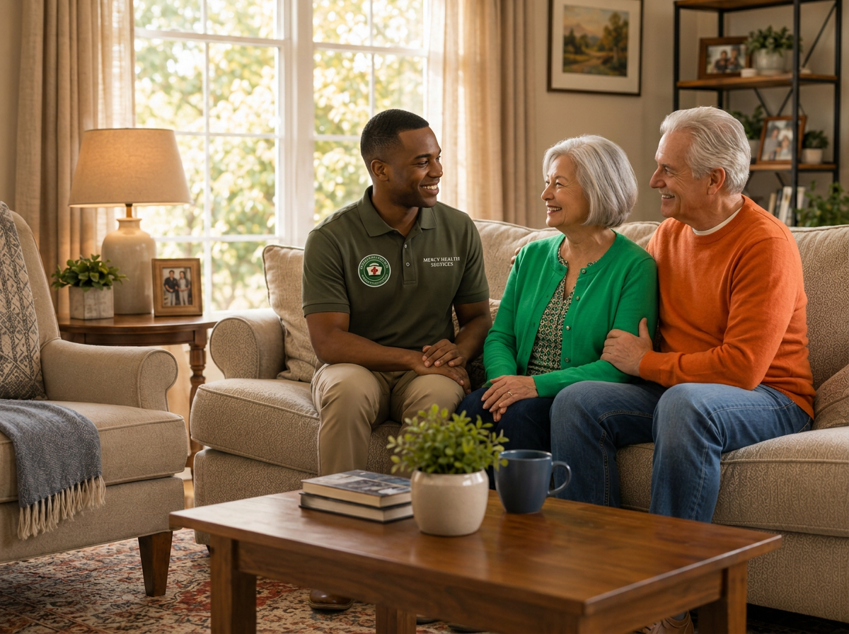Mercy Health Services caregiver visiting with a senior woman and her adult son at home