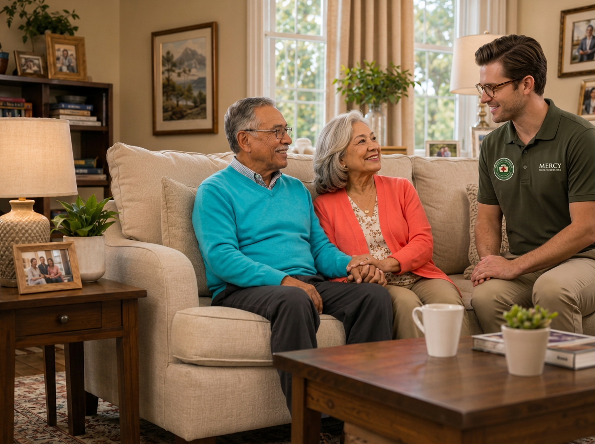 Caregiver sitting with a senior couple in their living room