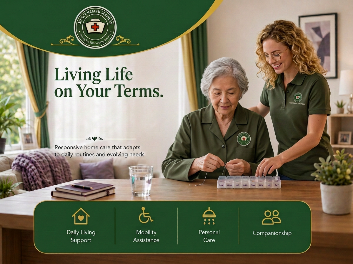 Caregiver reviewing a weekly medication organizer with an adult client