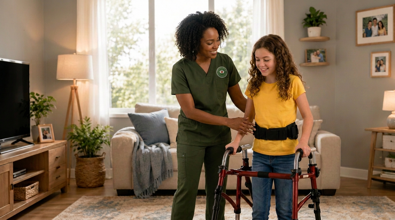 Mercy Health Services caregiver helping a young boy walk with a mobility walker at home