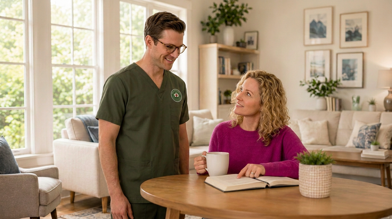 Caregiver assisting a man using a walker in his living room