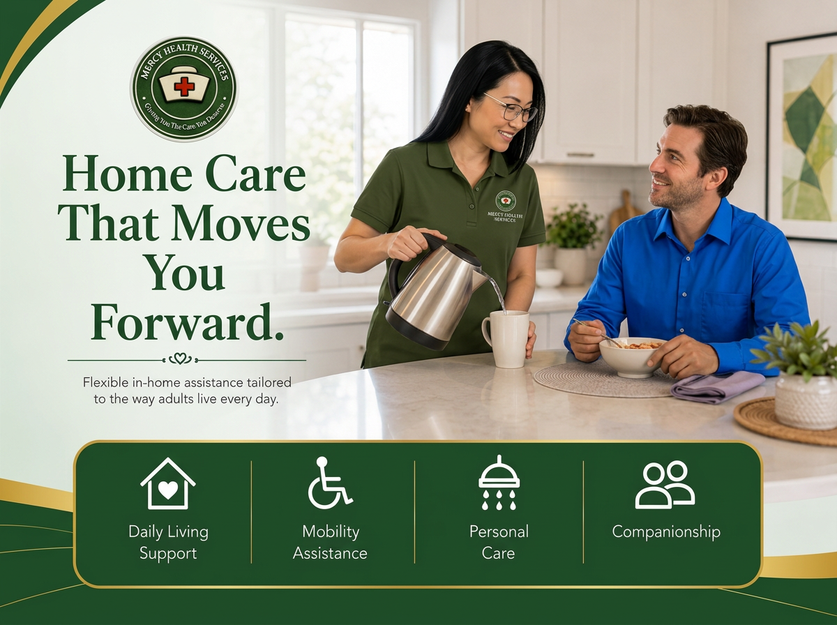 Caregiver preparing a morning routine with an adult client in the kitchen