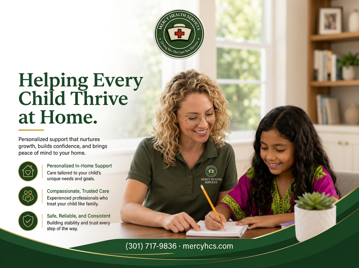 Caregiver assisting a boy with homework at the kitchen table