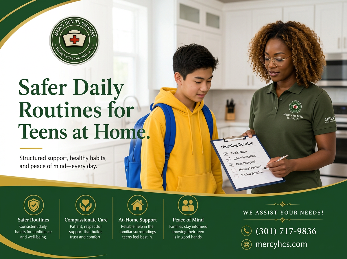Caregiver reviewing a morning routine checklist with a teenage student