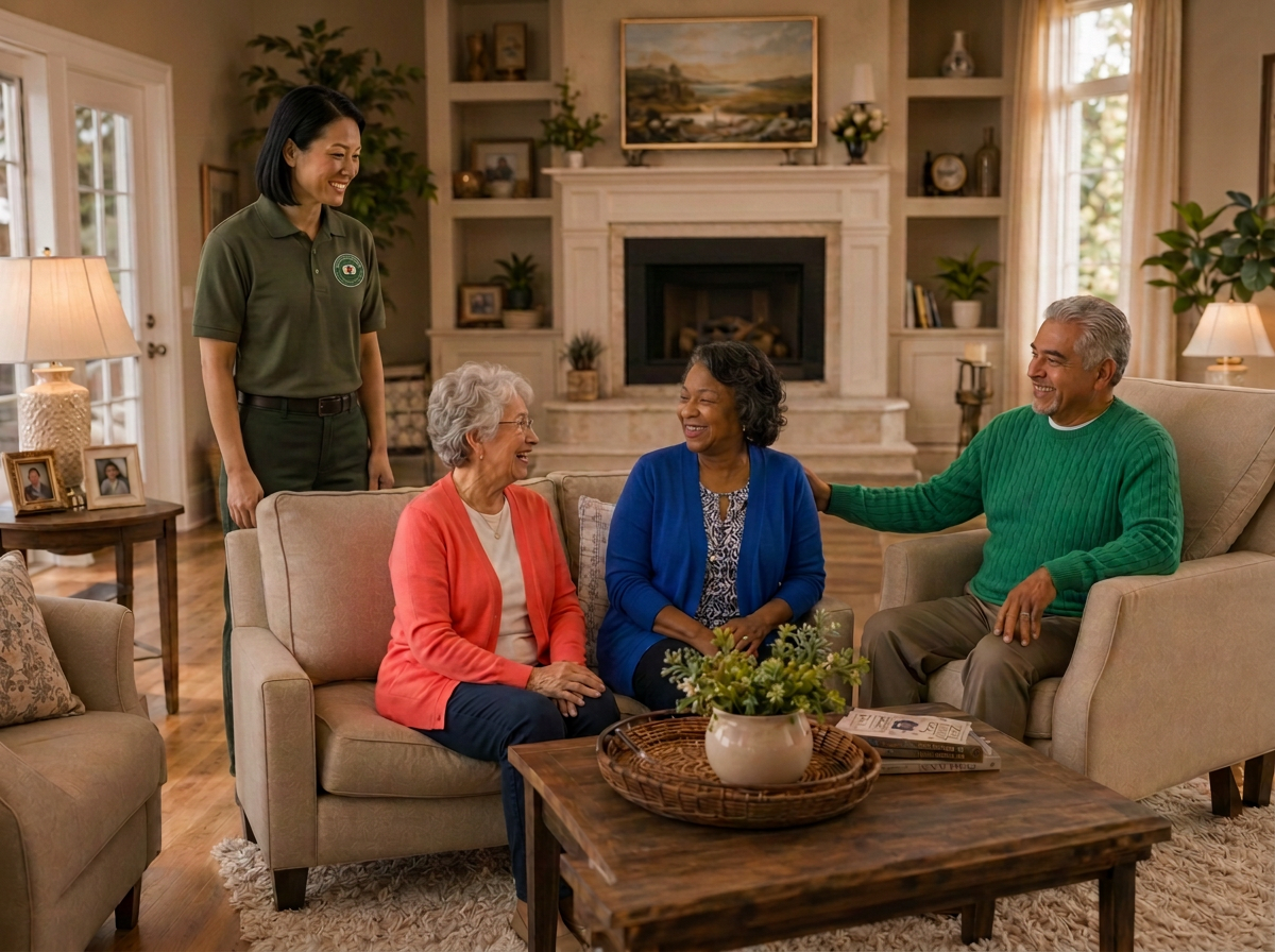 Caregiver reviewing a weekly pill organizer with a senior woman on a sofa