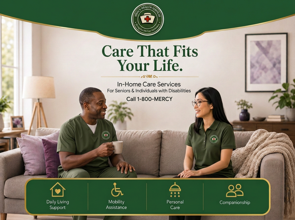 Caregiver and adult client discussing care preferences on a sofa