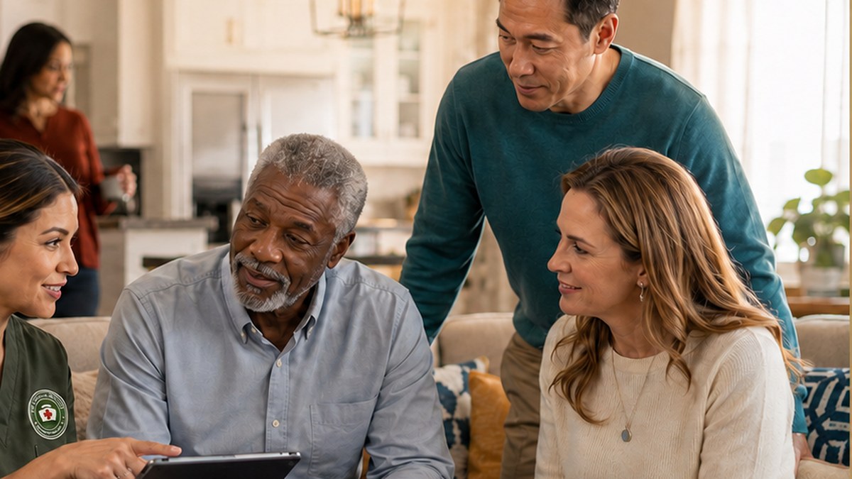 Caregiver discussing a care plan on a tablet with a senior man and his adult children